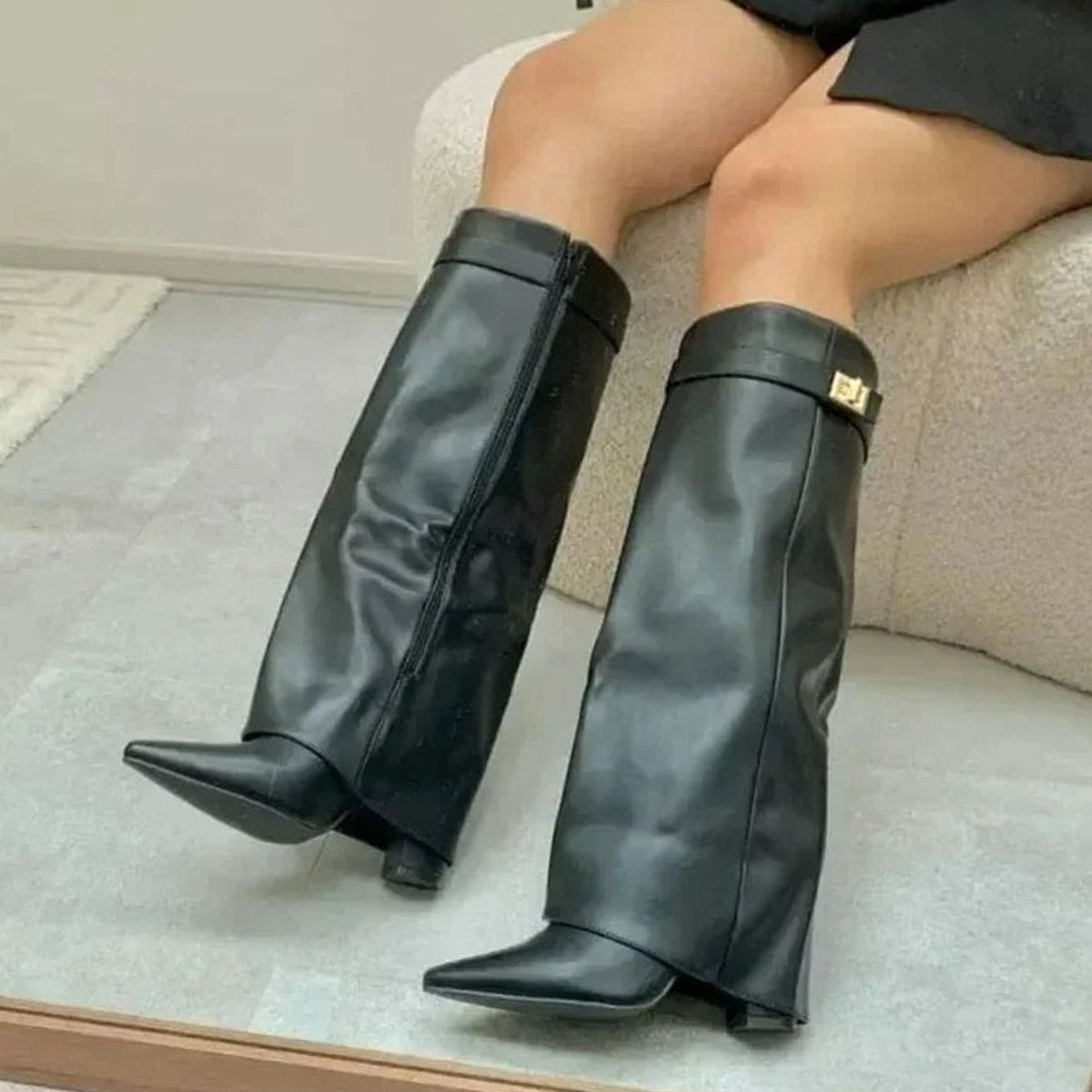 Women's Pointed Toe Suede Buckle Knee-High Boots with Cuff