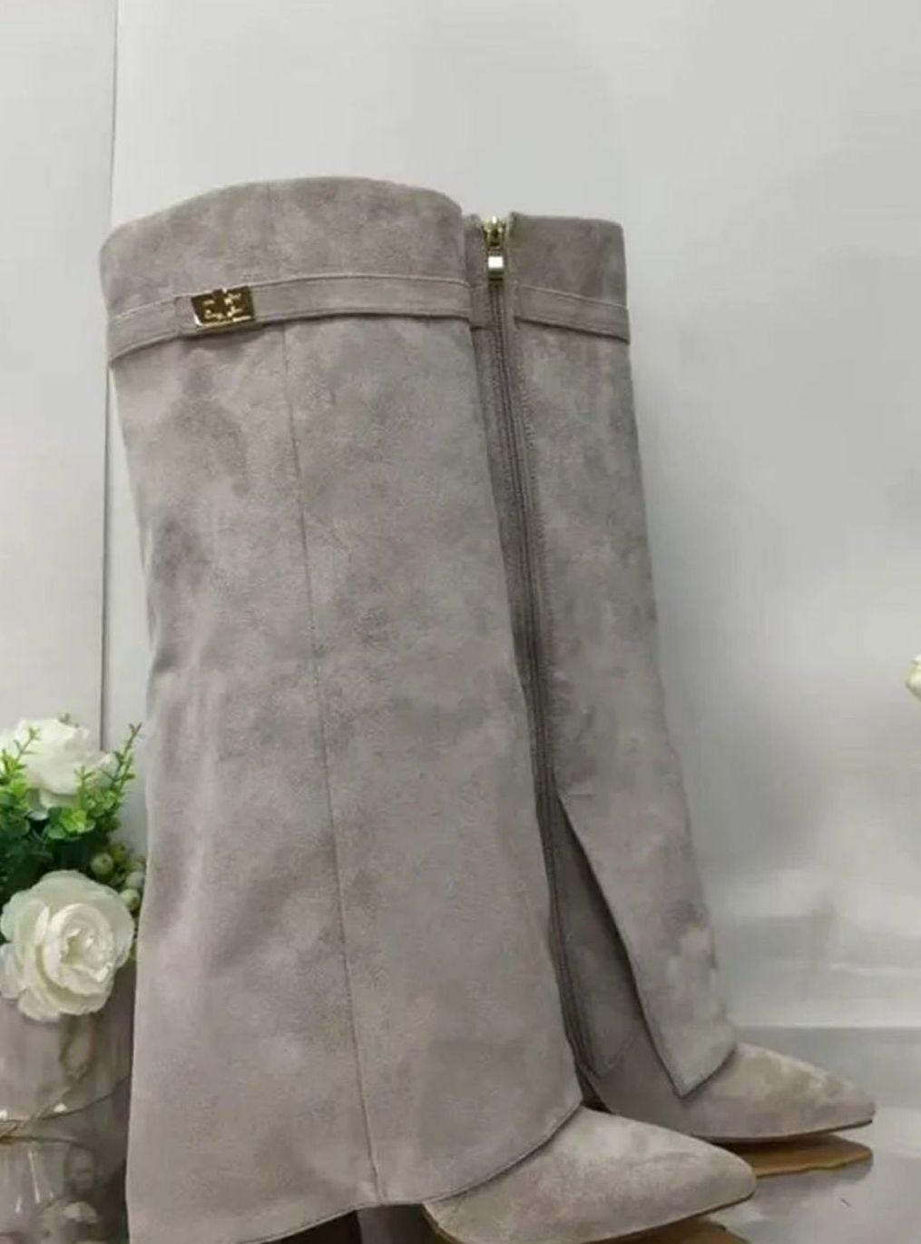 Women's Pointed Toe Suede Buckle Knee-High Boots with Cuff