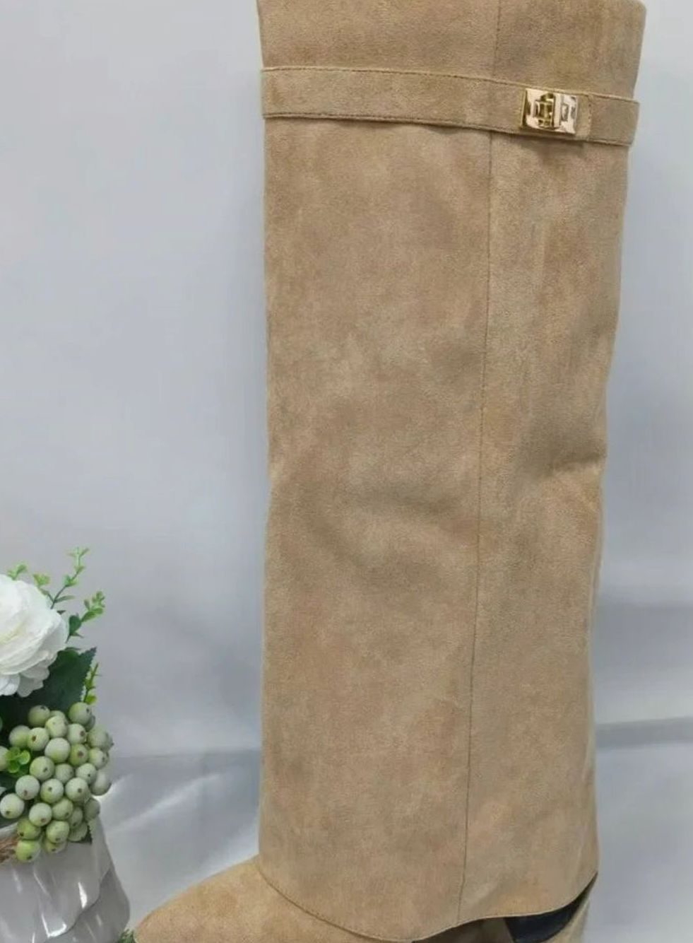 Women's Suede Knee High Boots with Turn-Lock Buckle