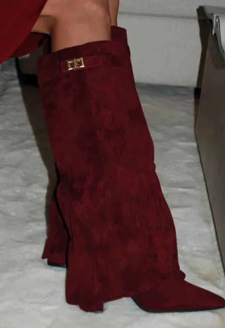 Women's Buckle Detail Suede Knee-High Boots with Plush Lining