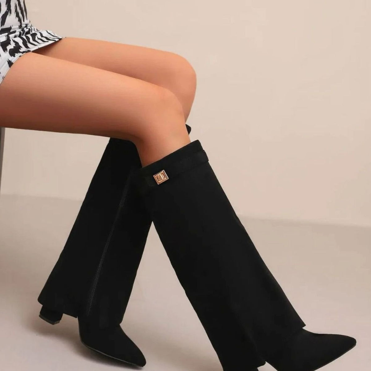Women's Suede Knee High Boots with Turn-Lock Buckle