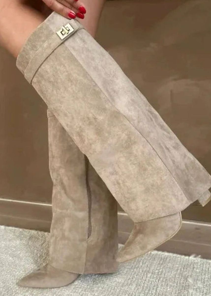 Women's Buckle Detail Suede Knee-High Boots with Plush Lining