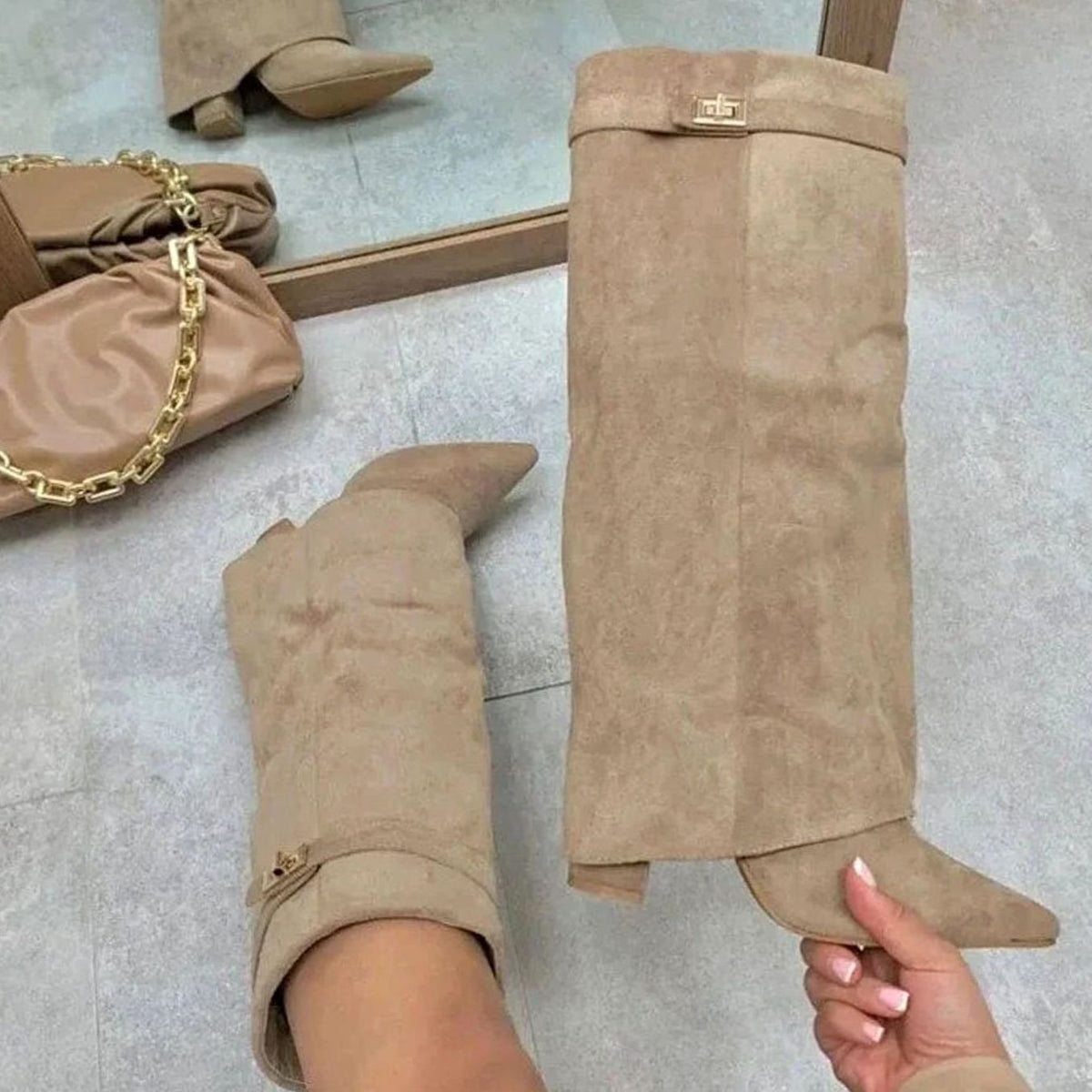 Women's Suede Knee High Boots with Turn-Lock Buckle