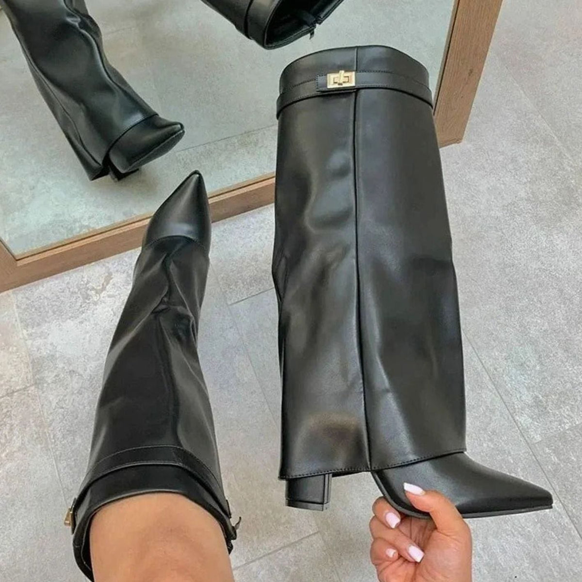Women's Suede Knee High Boots with Turn-Lock Buckle