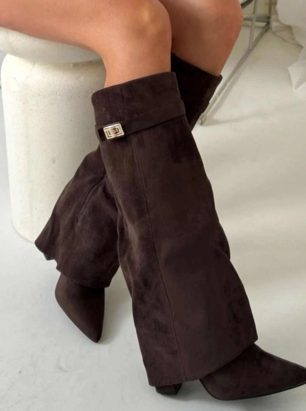 Women's Suede Wedge Heel Pointed Toe Knee-High Boots