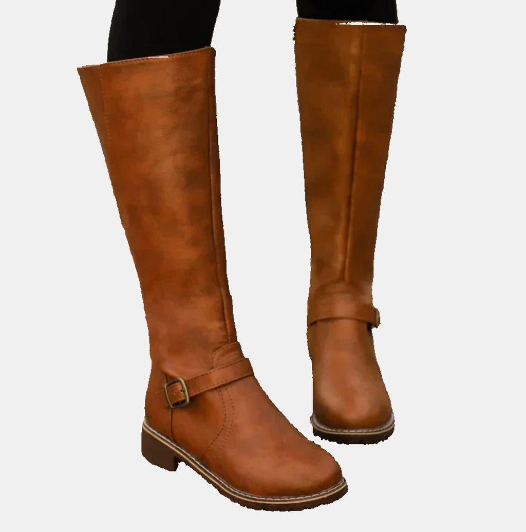 Women's Tall Equestrian Boots with Buckle and Low Heel