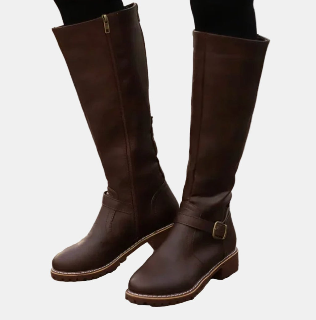 Women's Tall Equestrian Boots with Buckle and Low Heel