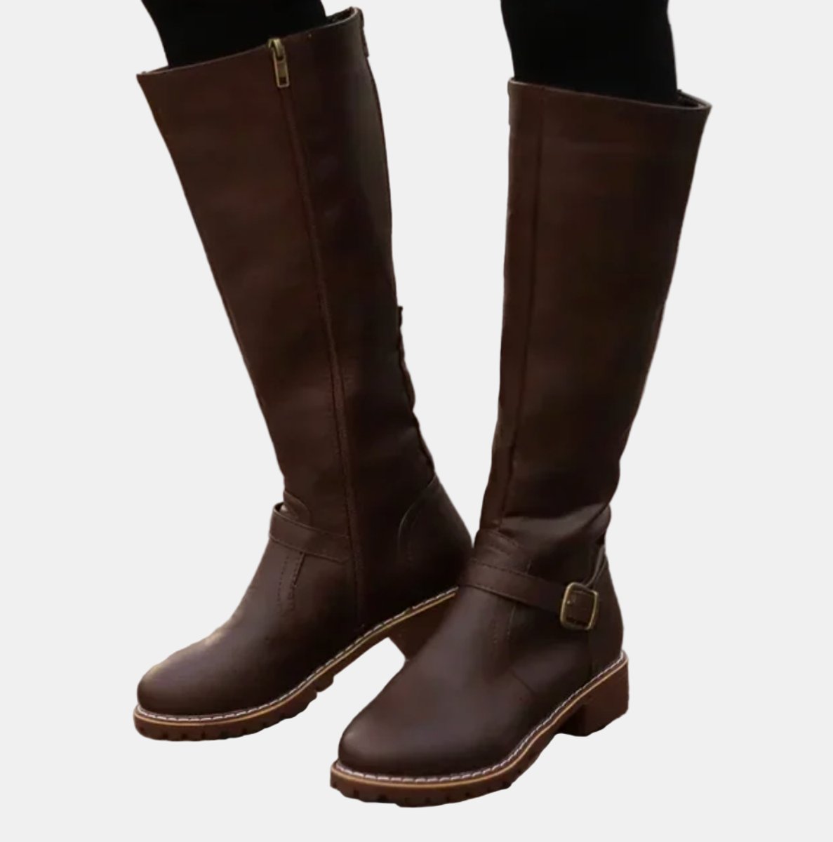 Women's Tall Equestrian Boots with Buckle and Low Heel