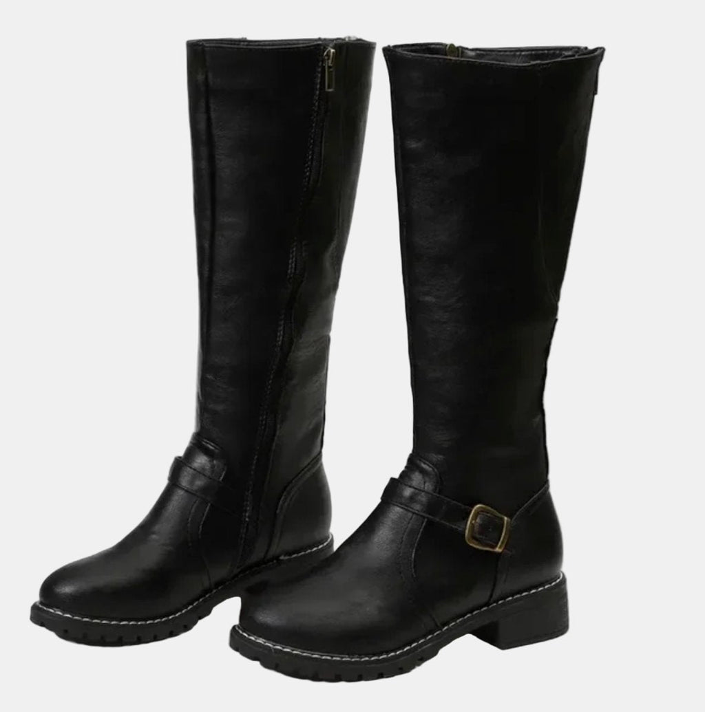 Women's Tall Equestrian Boots with Buckle and Low Heel