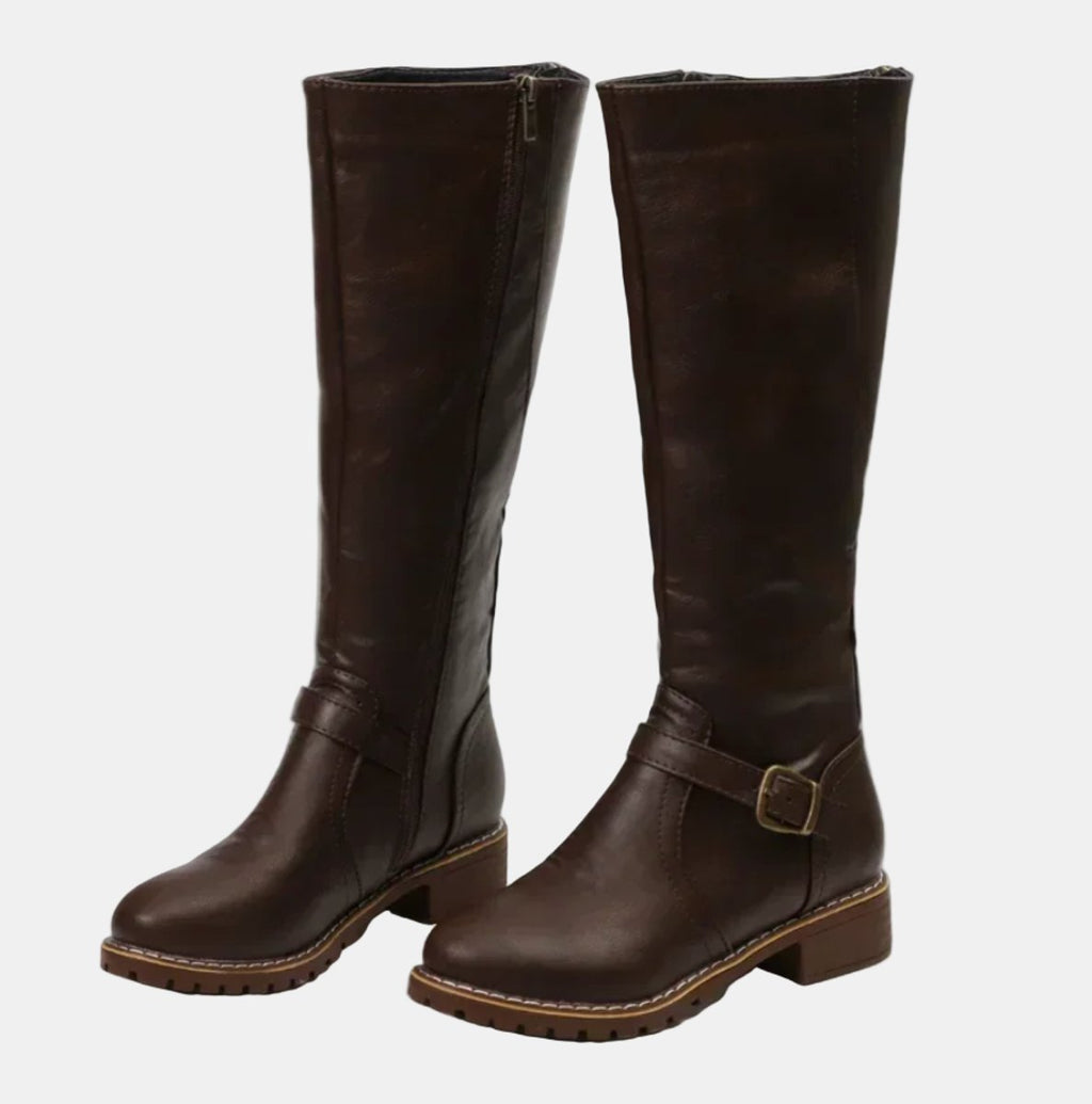 Women's Tall Equestrian Boots with Buckle and Low Heel