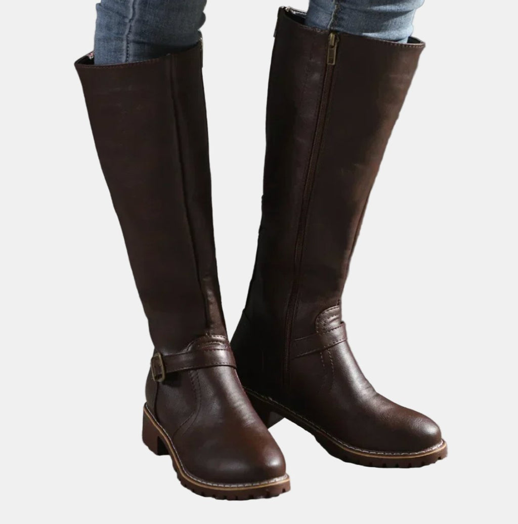 Women's Tall Equestrian Boots with Buckle and Low Heel