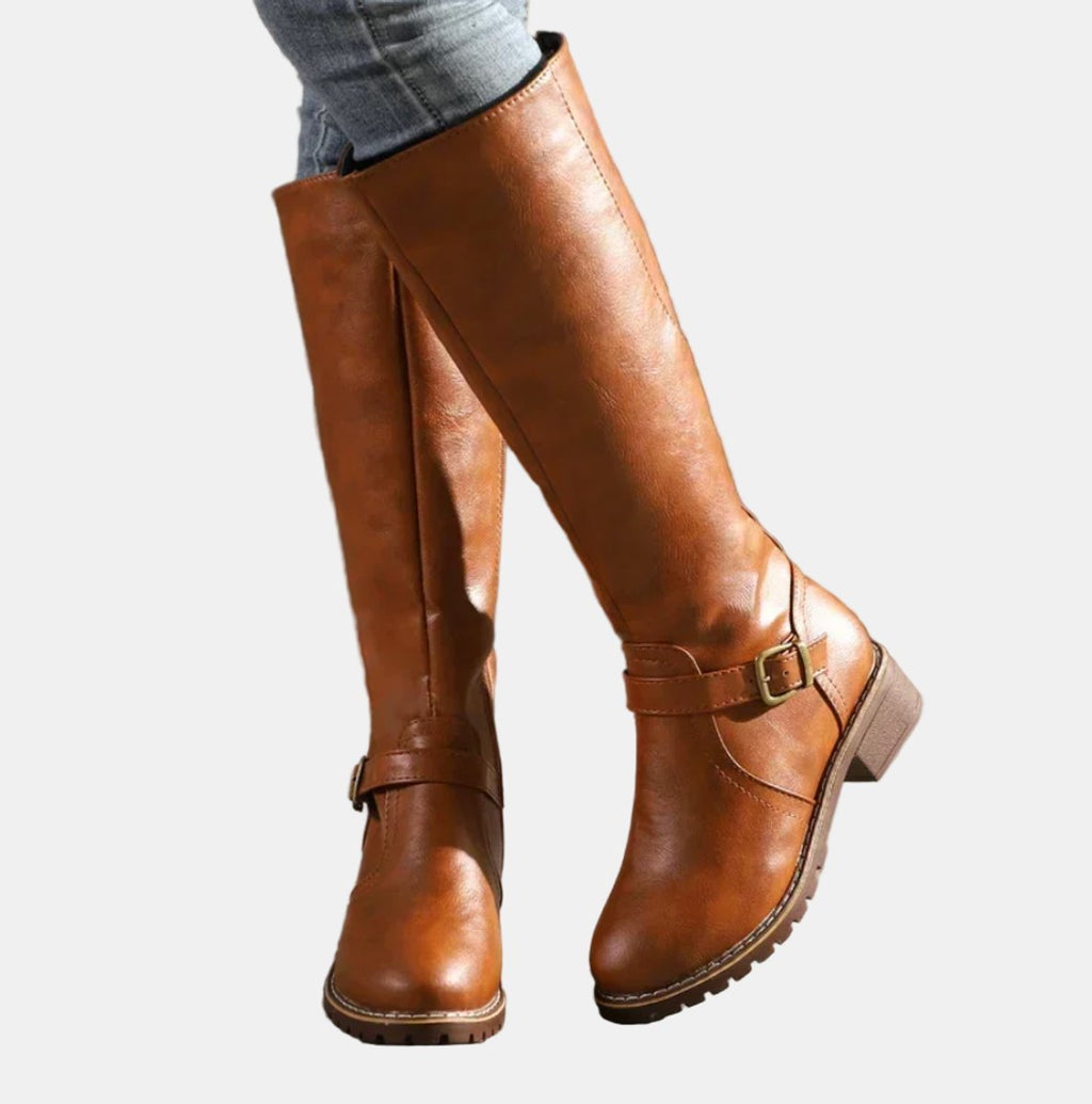 Women's Tall Equestrian Boots with Buckle and Low Heel