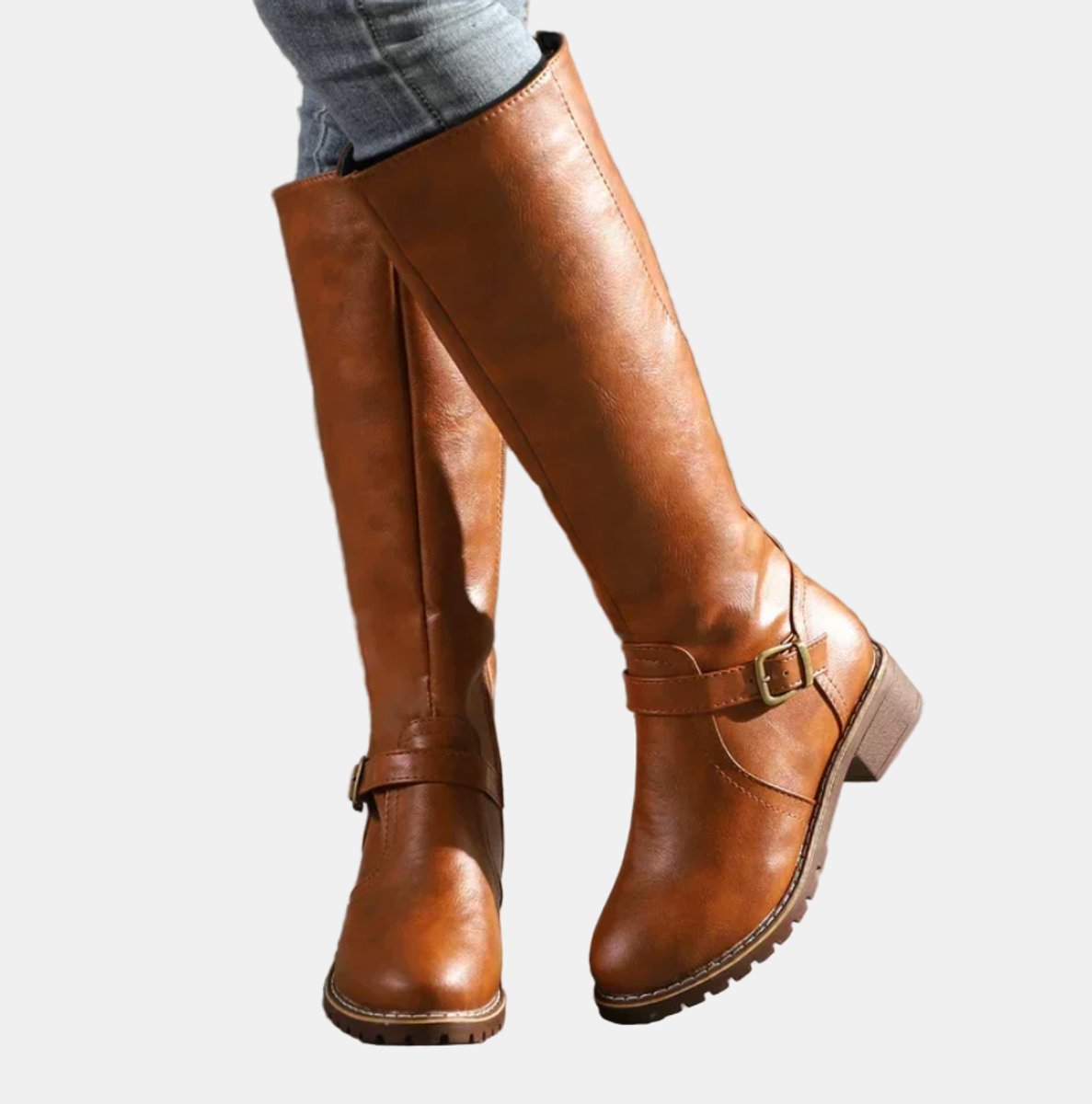 Women's Tall Equestrian Boots with Buckle and Low Heel