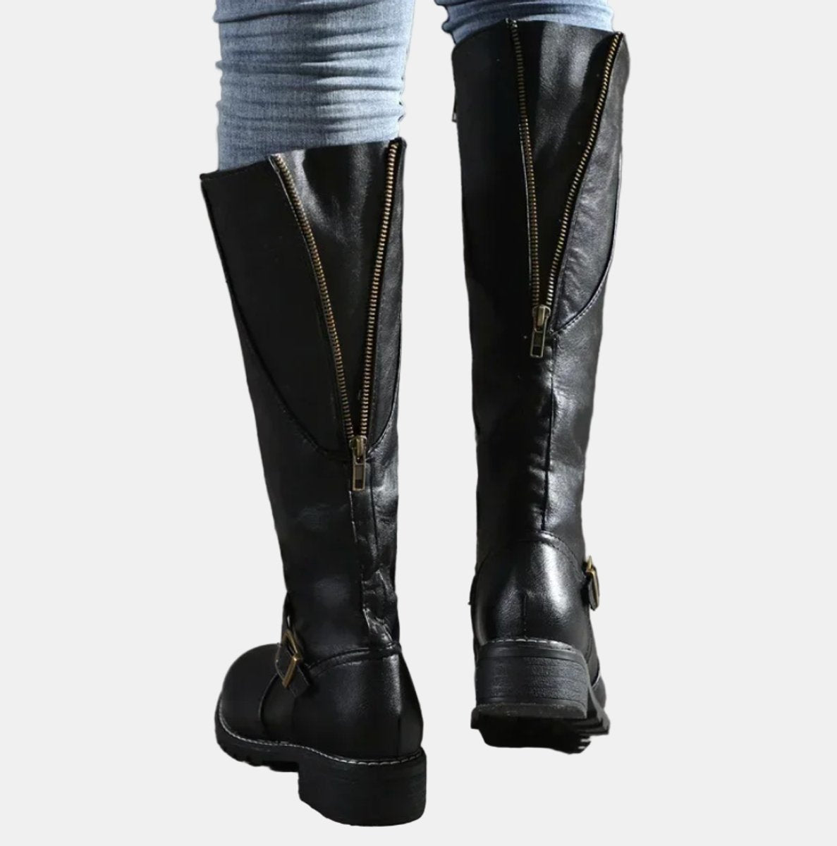 Women's Tall Equestrian Boots with Buckle and Low Heel