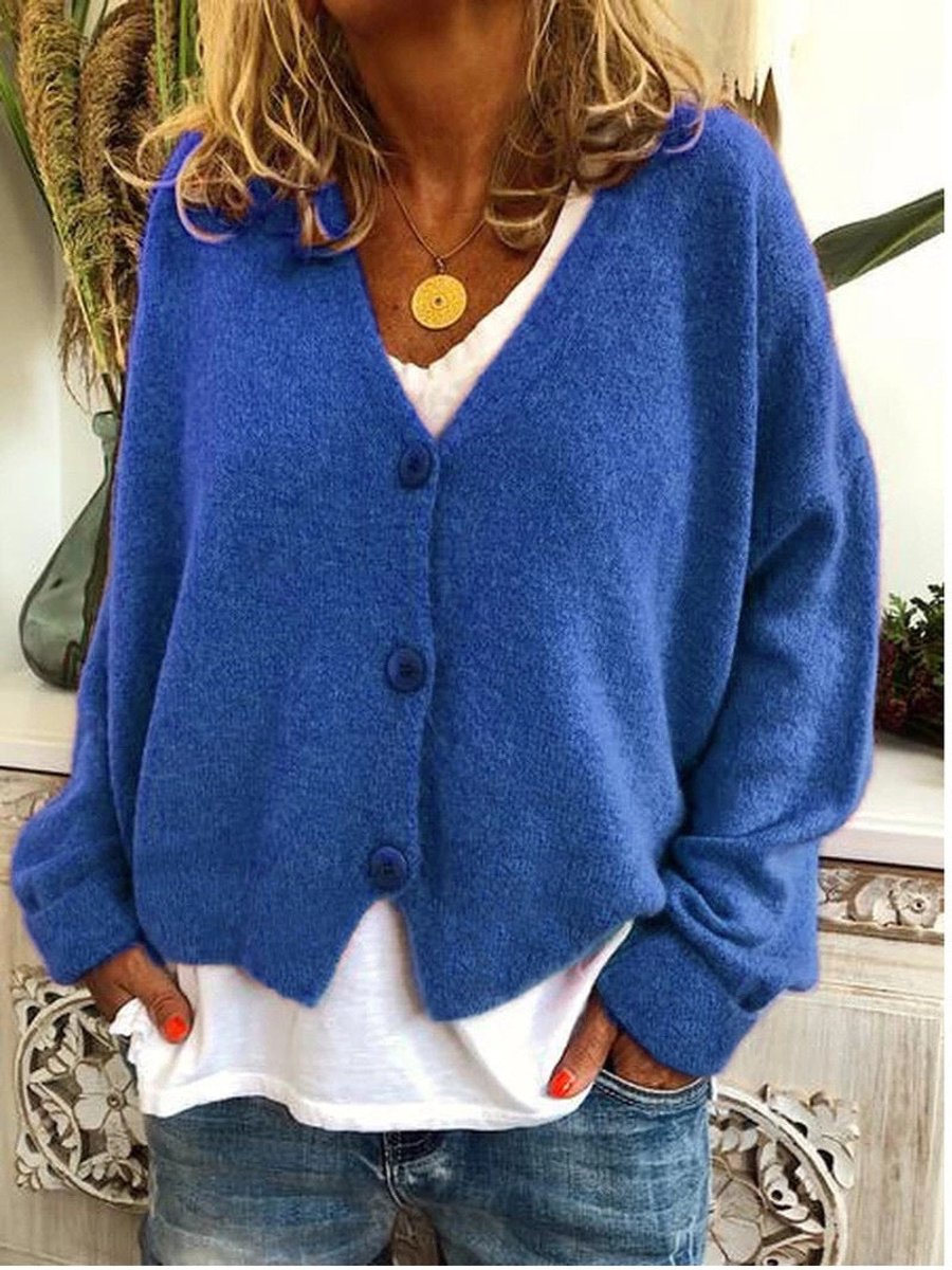 Women's Relaxed Knit Cardigan with V Neckline and Buttons