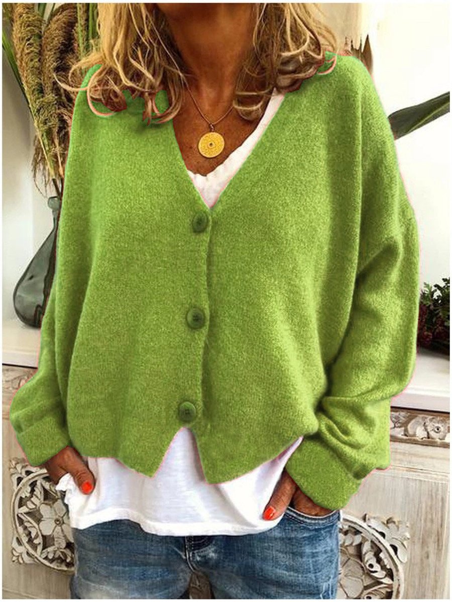 Women's Relaxed Knit Cardigan with V Neckline and Buttons