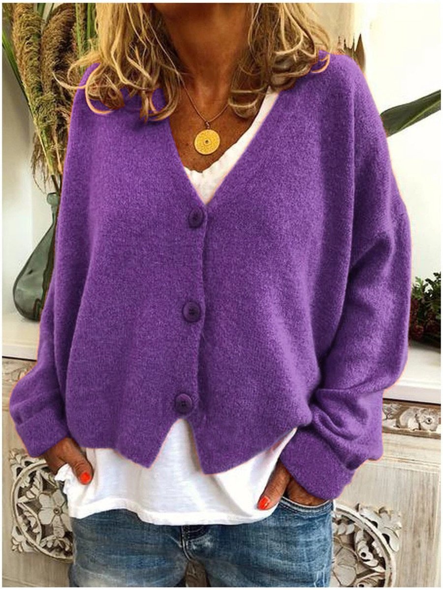 Women's Relaxed Knit Cardigan with V Neckline and Buttons