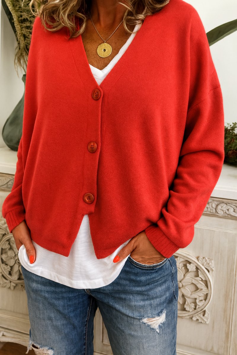 Women's Relaxed Knit Cardigan with V Neckline and Buttons