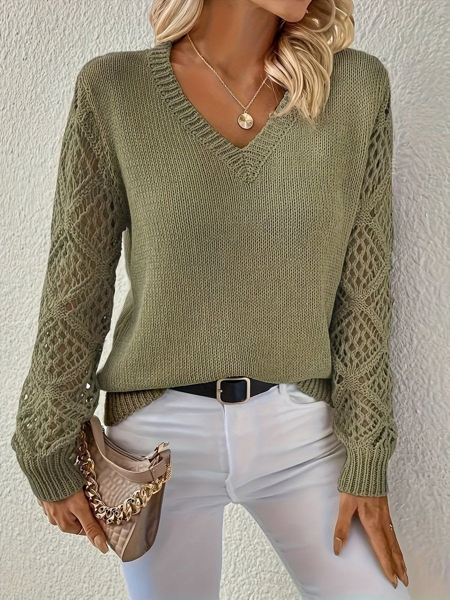Women's V-Neck Knit Pullover with Open-Weave Sleeves
