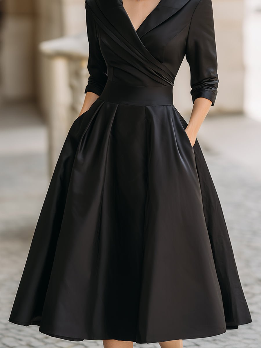 Women's Ruched Bodice Pleated Skirt Wrap Midi Dress