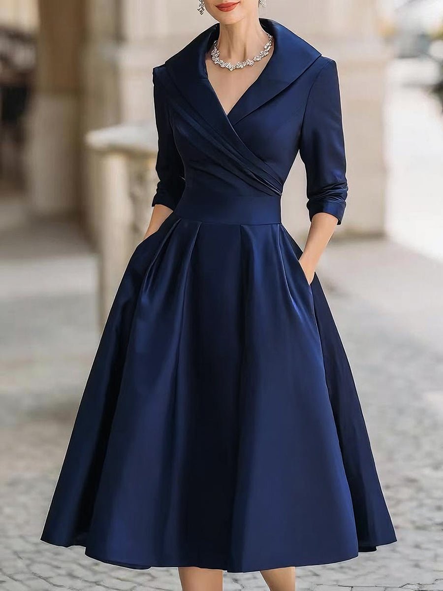 Women's Ruched Bodice Pleated Skirt Wrap Midi Dress