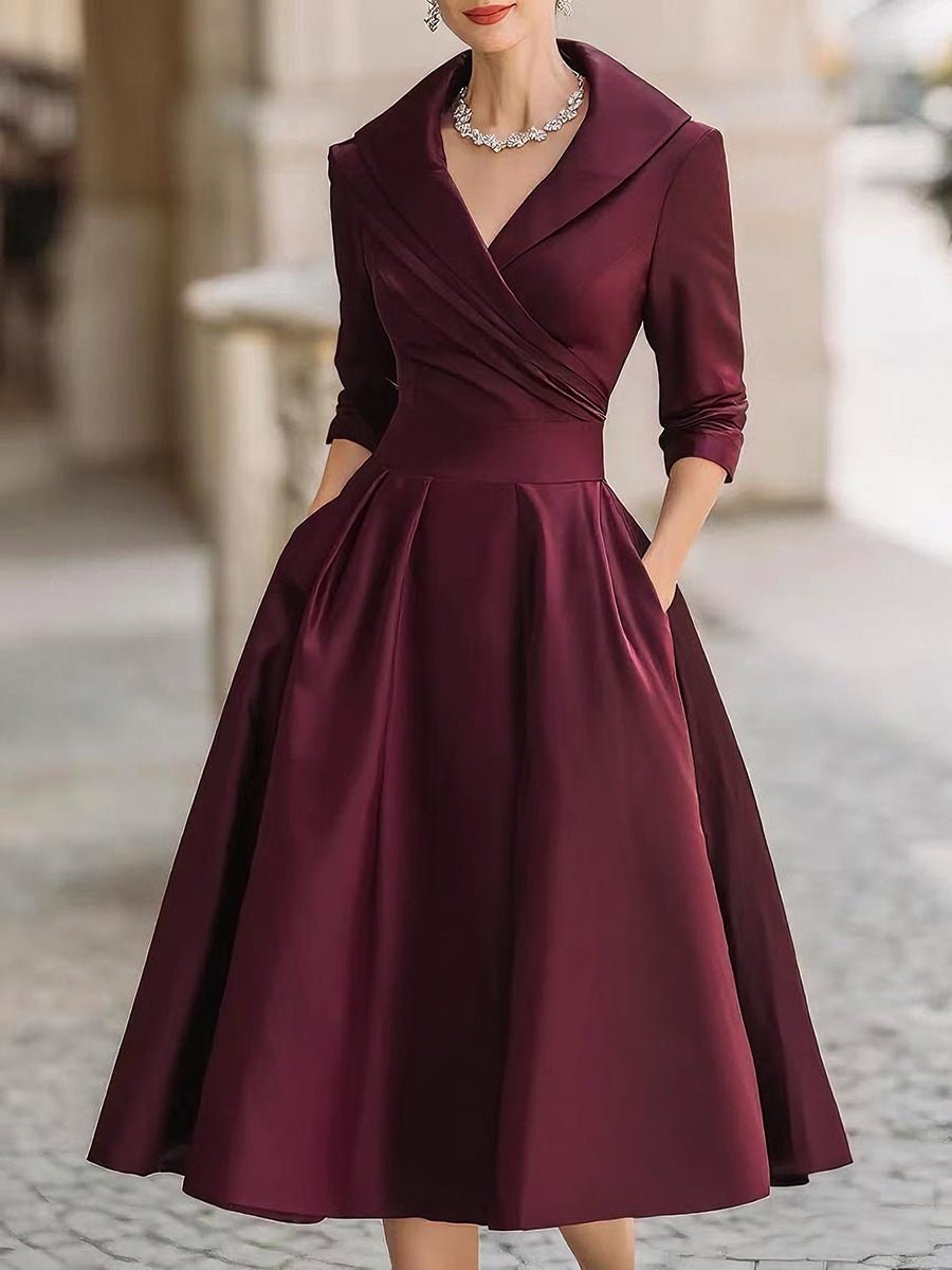 Women's Ruched Bodice Pleated Skirt Wrap Midi Dress