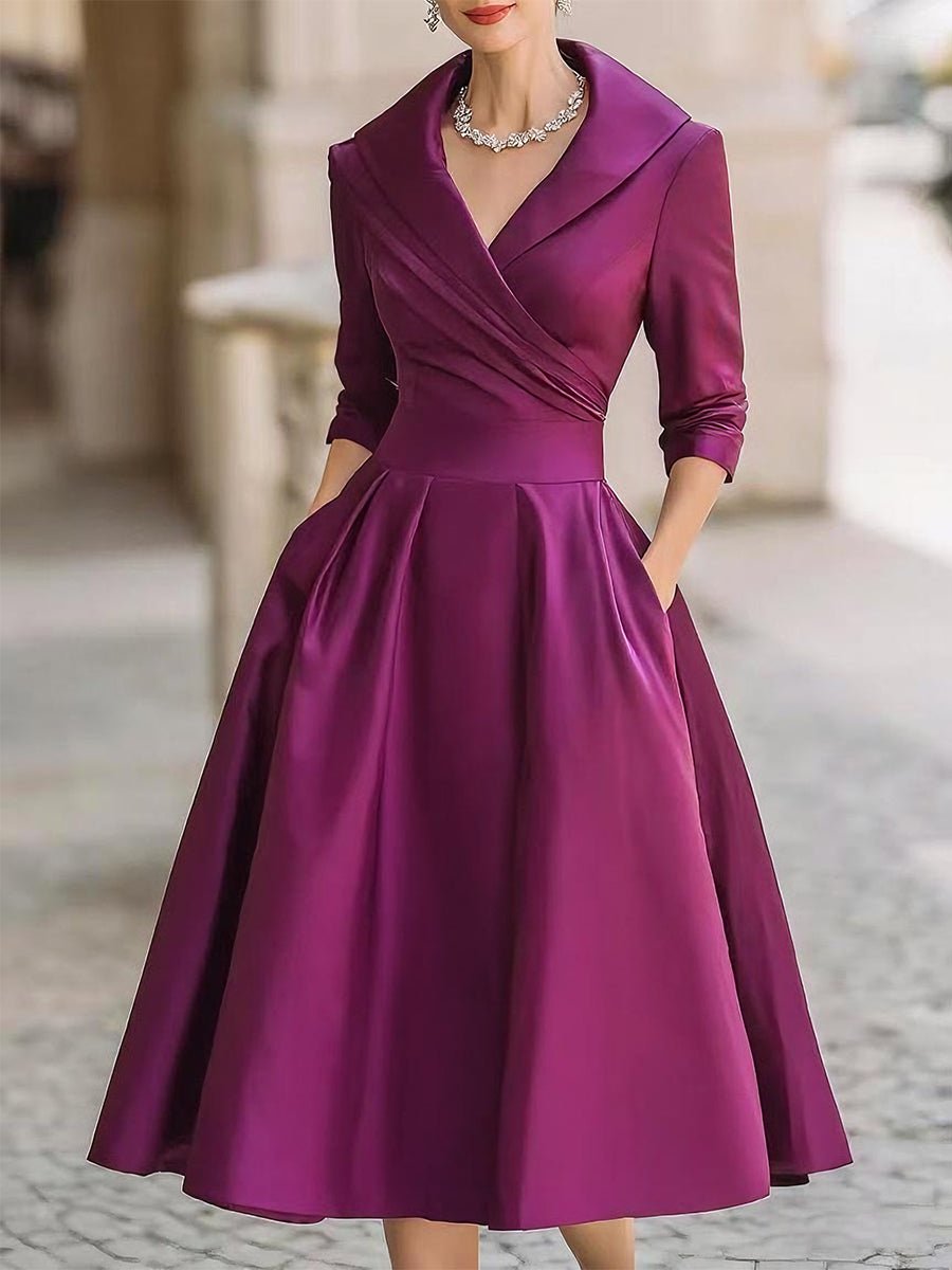 Women's Ruched Bodice Pleated Skirt Wrap Midi Dress