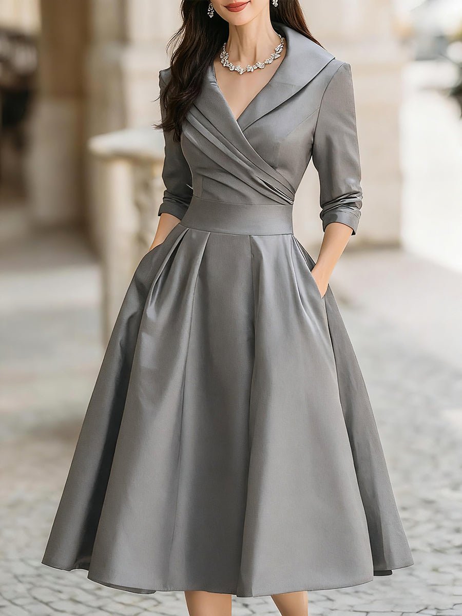 Women's Ruched Bodice Pleated Skirt Wrap Midi Dress