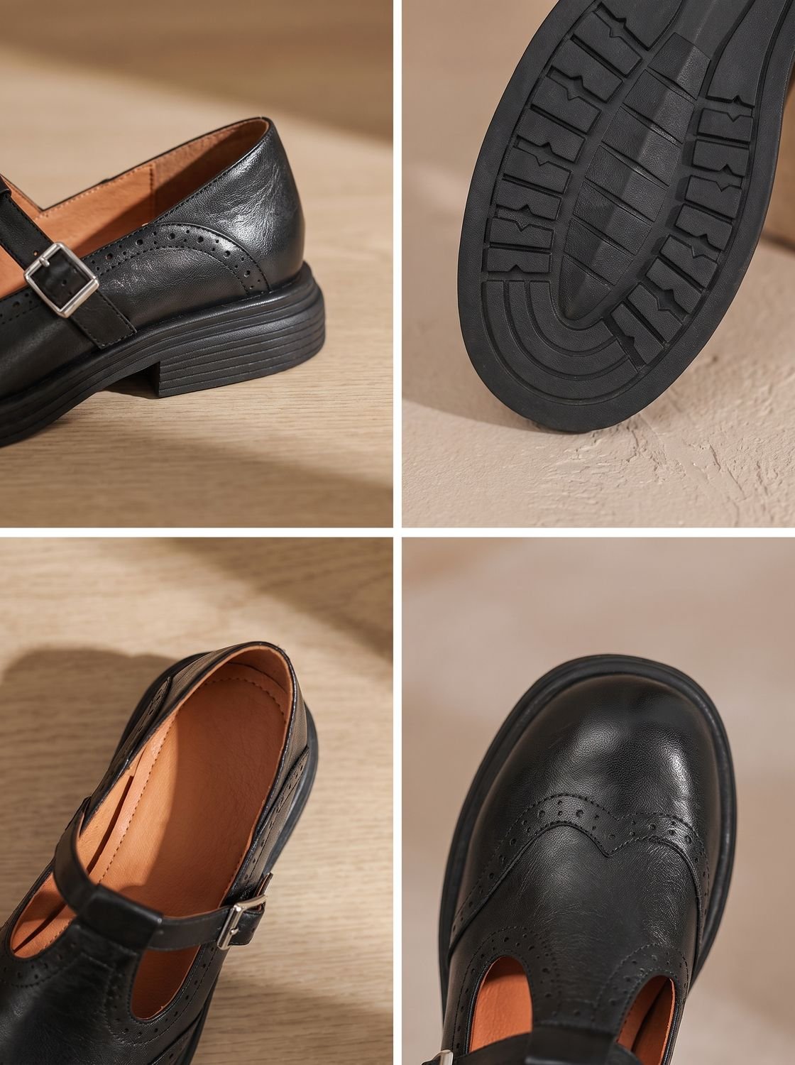 Women's Leather Wingtip T-Strap Buckle Mary Jane Shoes