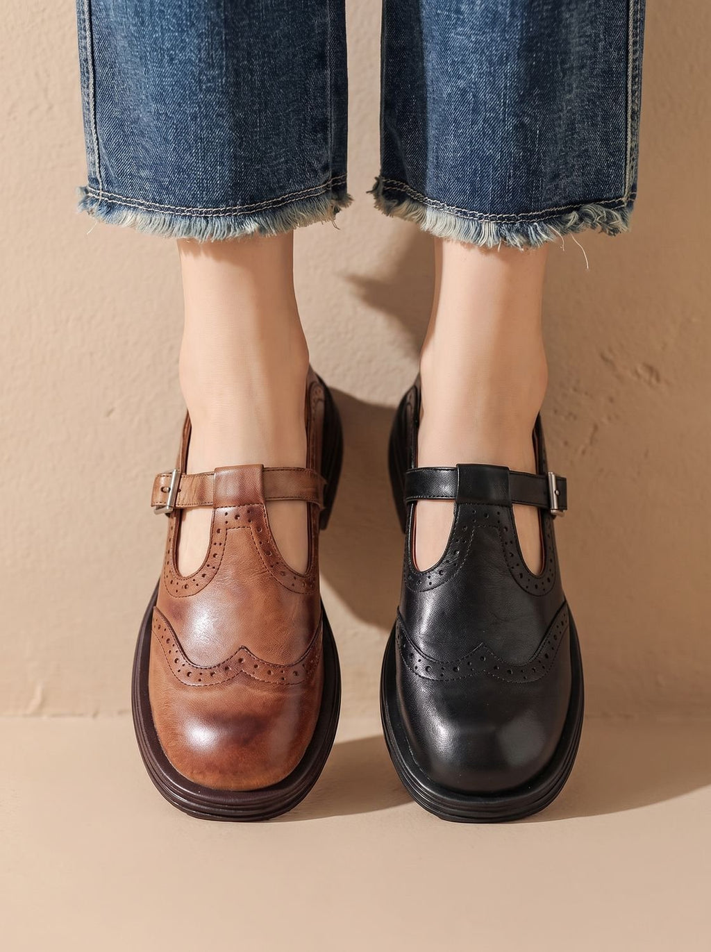 Women's Leather Wingtip T-Strap Buckle Mary Jane Shoes