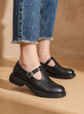 Women's Leather Wingtip T-Strap Buckle Mary Jane Shoes