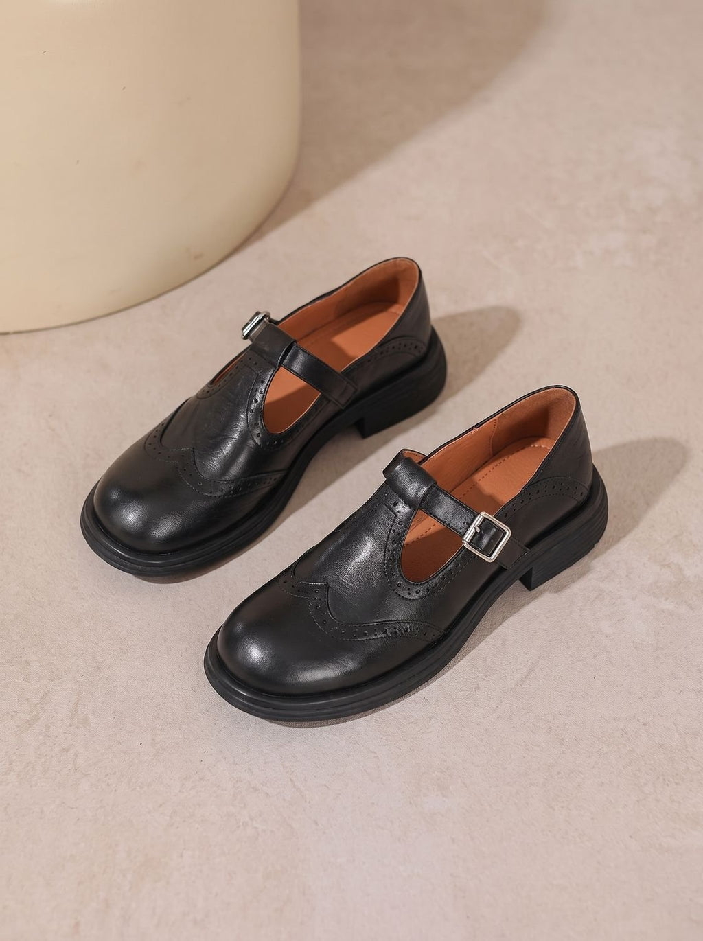 Women's Leather Wingtip T-Strap Buckle Mary Jane Shoes