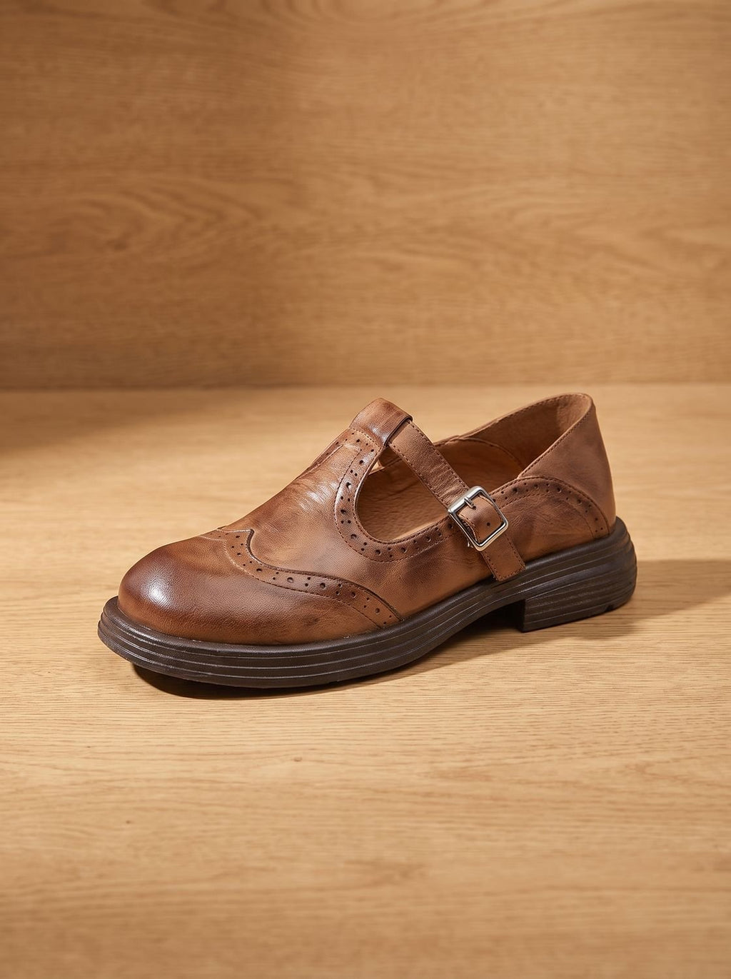 Women's Leather Wingtip T-Strap Buckle Mary Jane Shoes