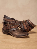 Women's Studded Western Ankle Booties with Buckle Straps