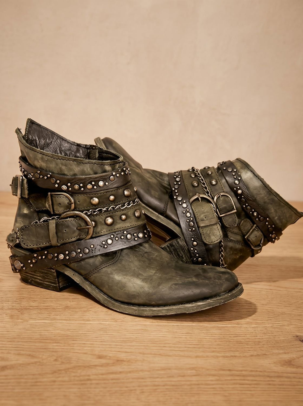 Women's Studded Western Ankle Booties with Buckle Straps