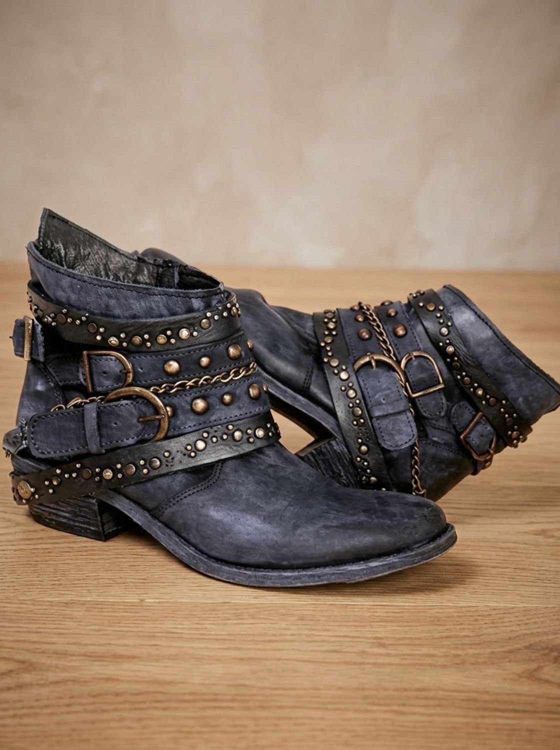 Women's Studded Western Ankle Booties with Buckle Straps
