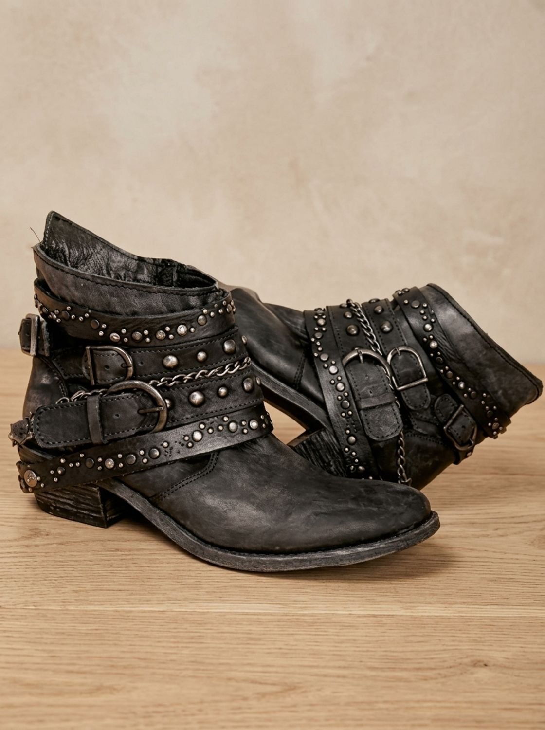 Women's Studded Western Ankle Booties with Buckle Straps