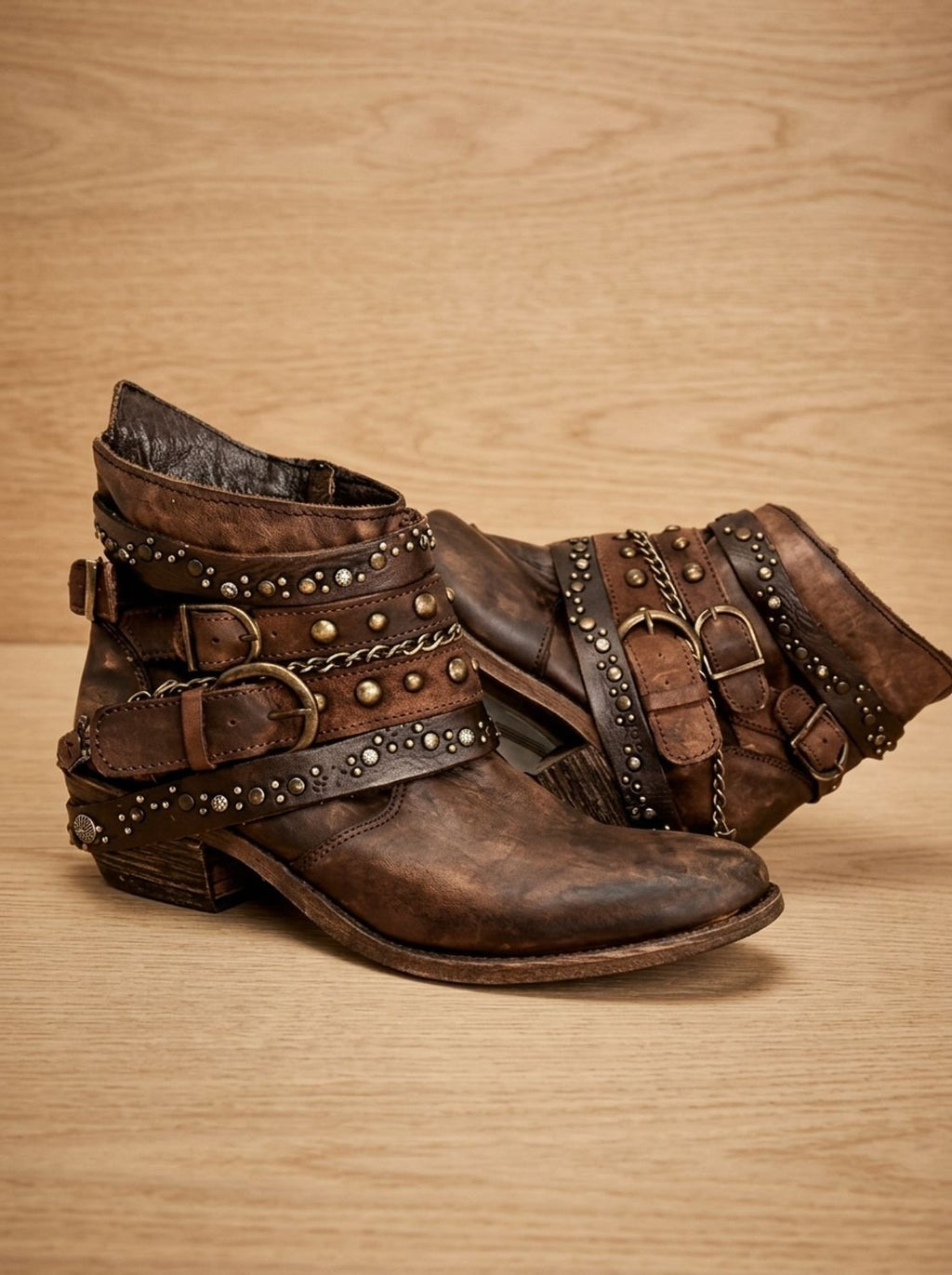 Women's Studded Western Ankle Booties with Buckle Straps