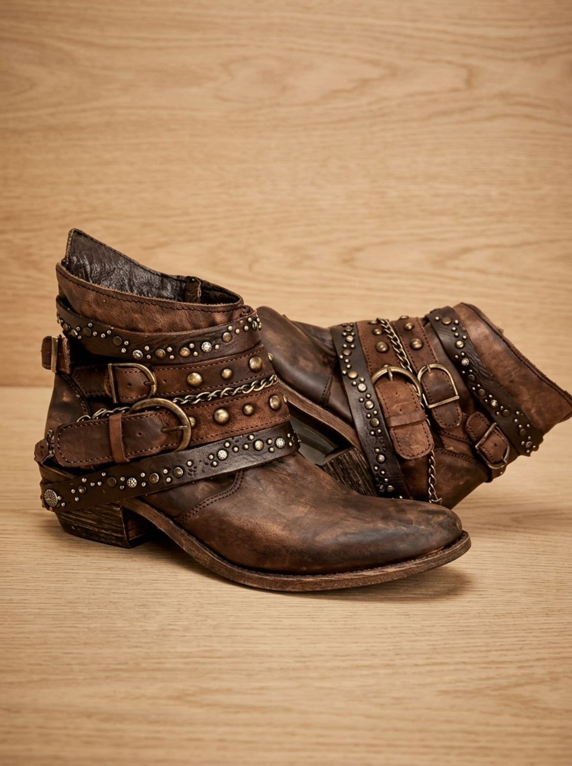 Women's Studded Western Ankle Booties with Buckle Straps