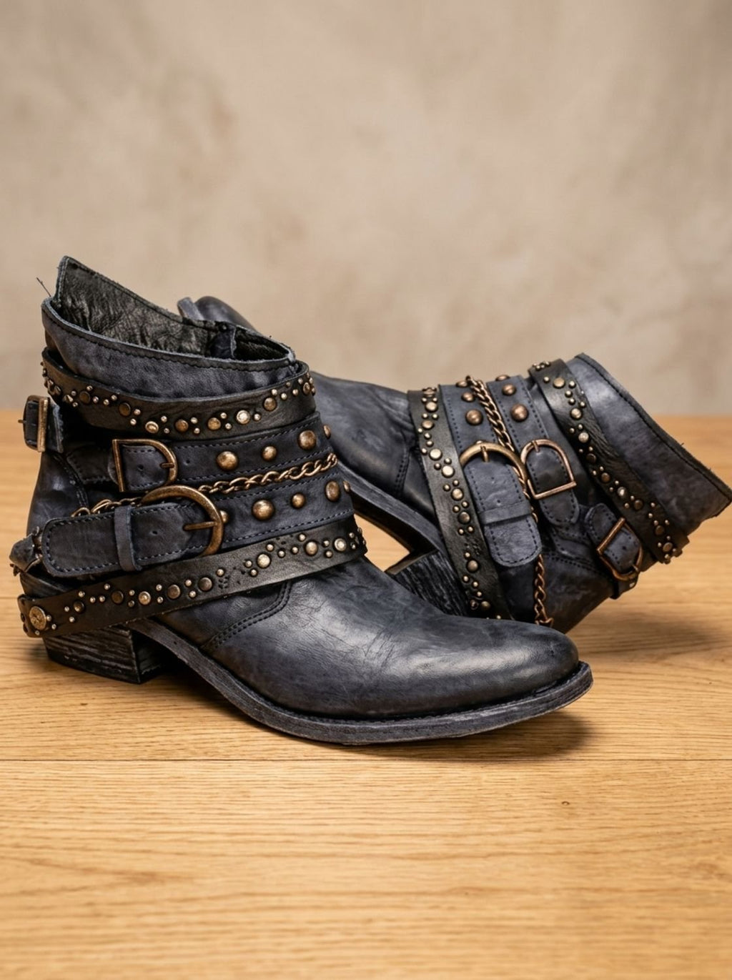 Women's Studded Western Ankle Booties with Buckle Straps