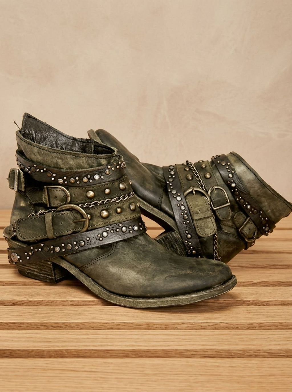 Women's Studded Western Ankle Booties with Buckle Straps