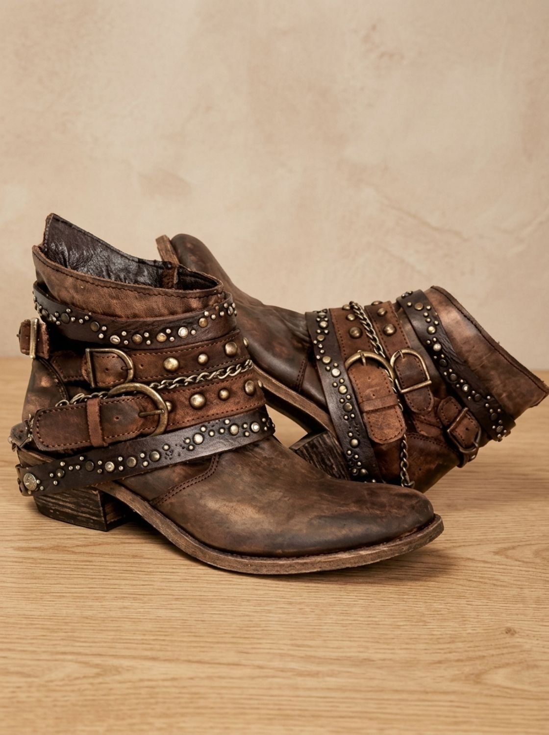 Women's Studded Western Ankle Booties with Buckle Straps
