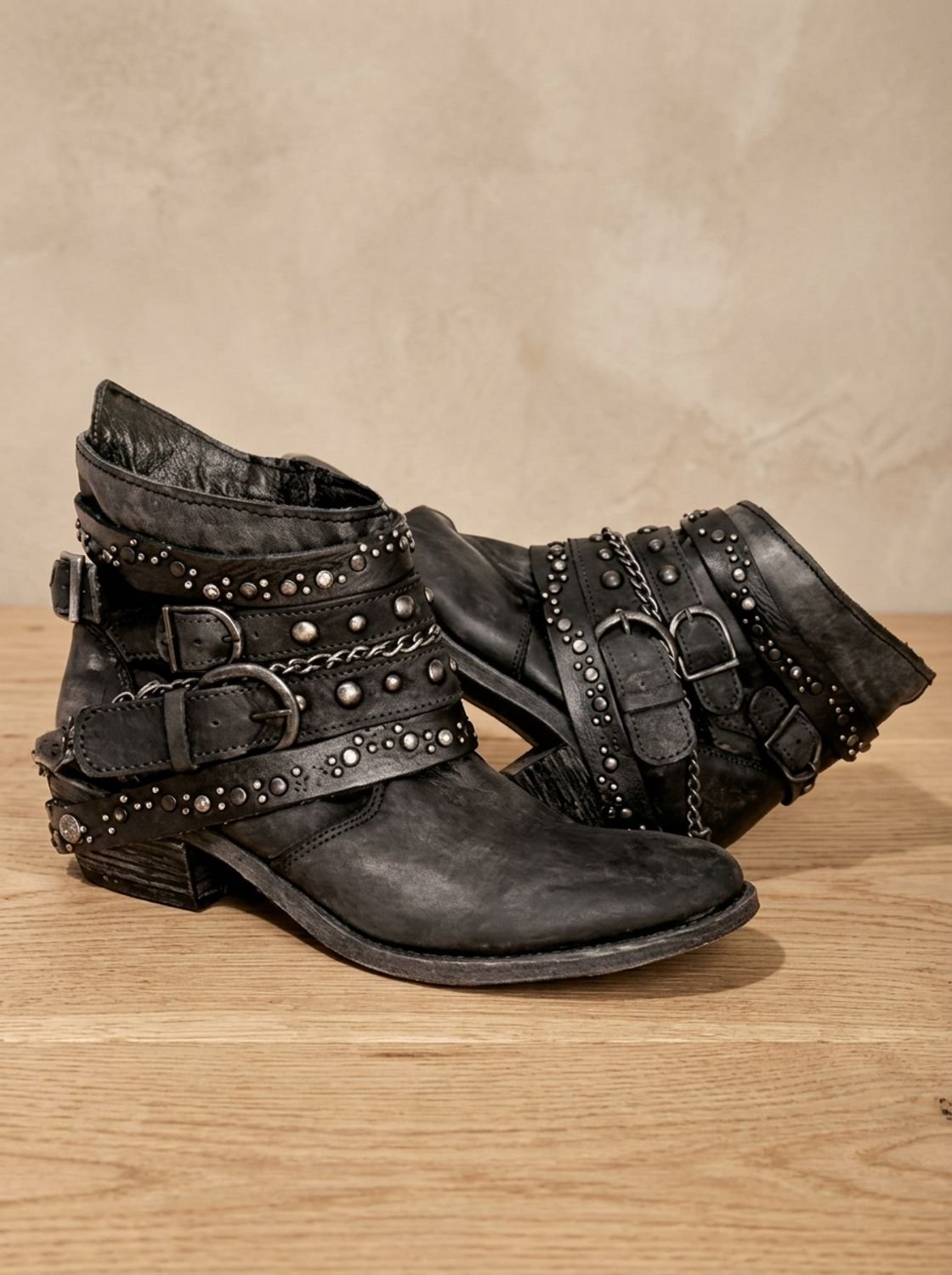 Women's Studded Western Ankle Booties with Buckle Straps