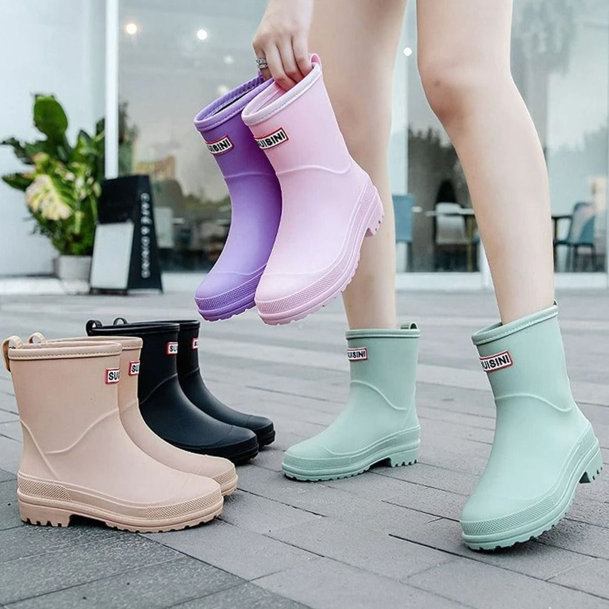 Women's Waterproof Rubber Rain Boots with Pull Loop