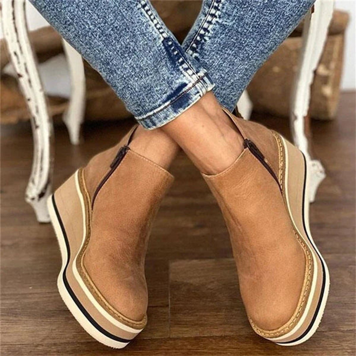 Women's Round Toe Zip-Up Wedge Platform Ankle Booties