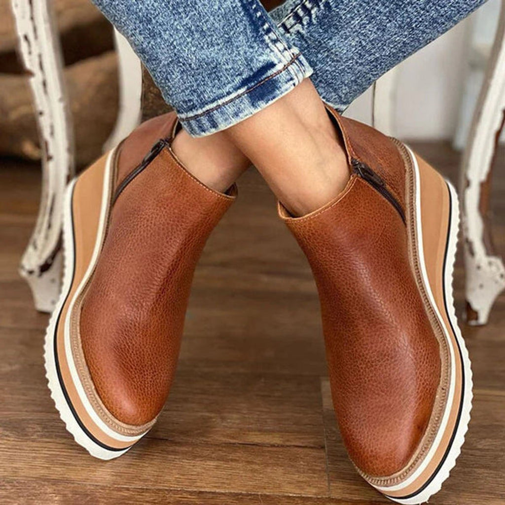 Women's Round Toe Zip-Up Wedge Platform Ankle Booties