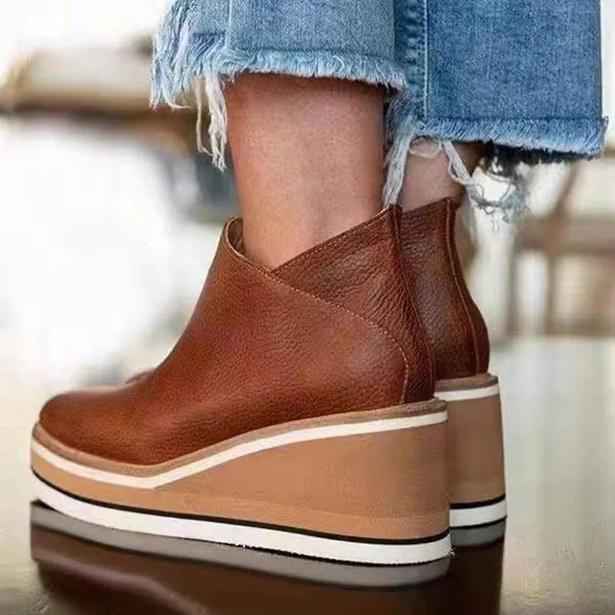 Women's Round Toe Zip-Up Wedge Platform Ankle Booties