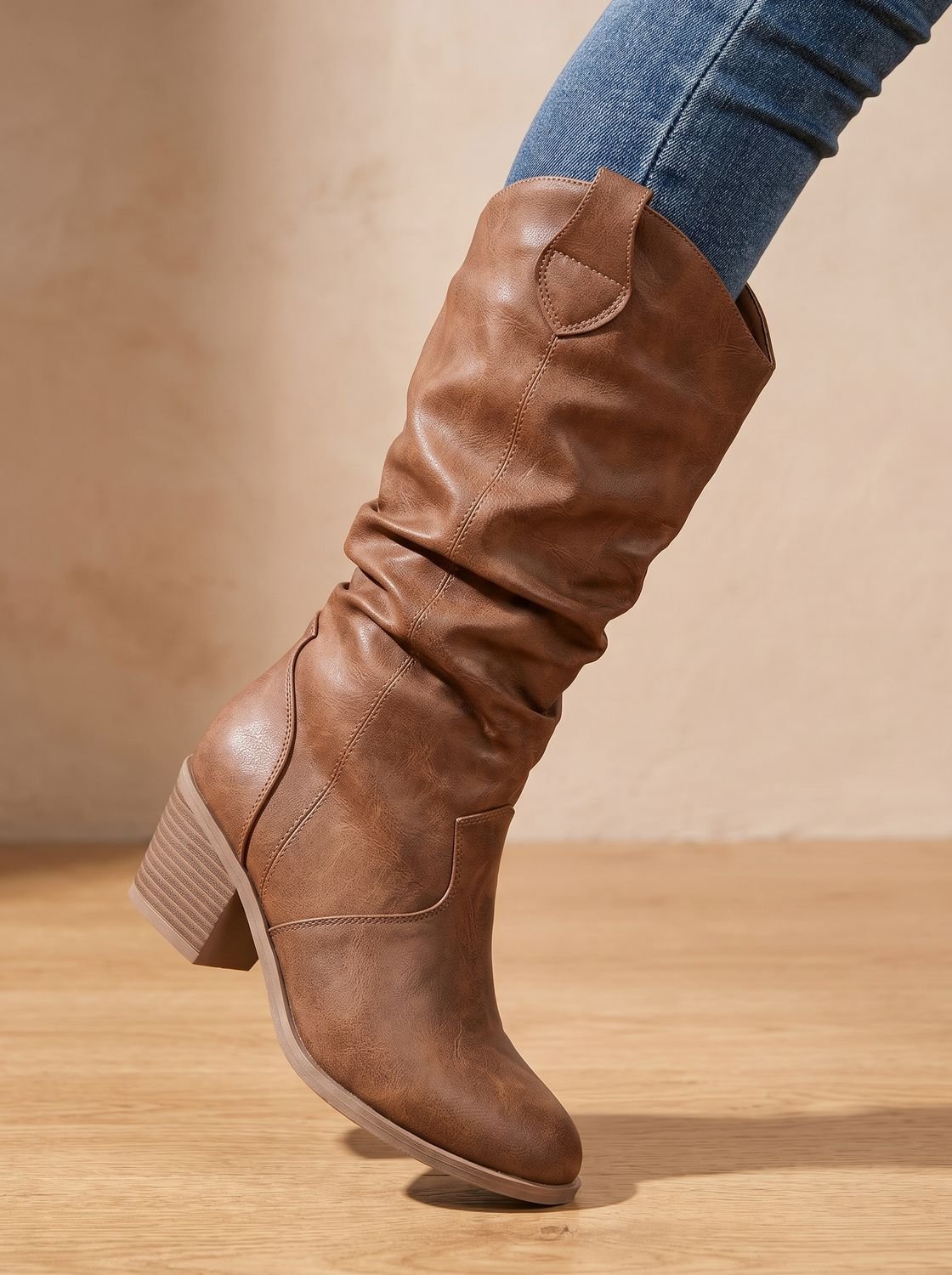 Women's Pull-On Flat Western Knee-High Boots with Wide Shaft