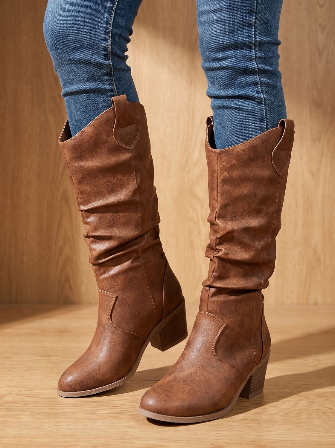 Women's Pull-On Flat Western Knee-High Boots with Wide Shaft