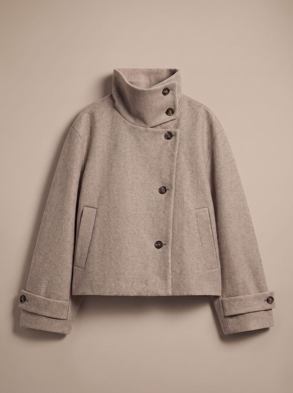 Women's Stand Collar Wool Blend Short Coat with Off-Center Buttons